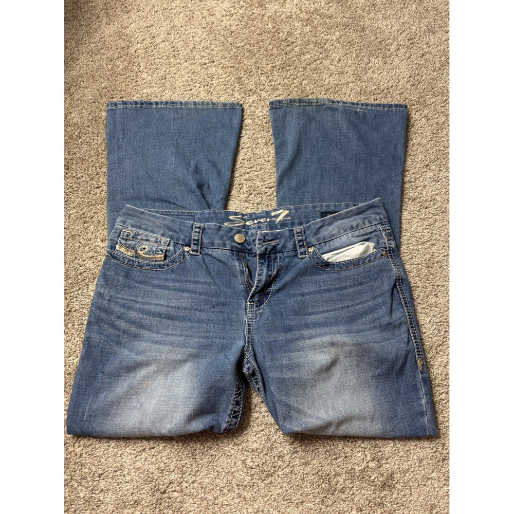 Seven7 Womens Bootcut Jeans Medium Wash Embroidered Pockets Size 16